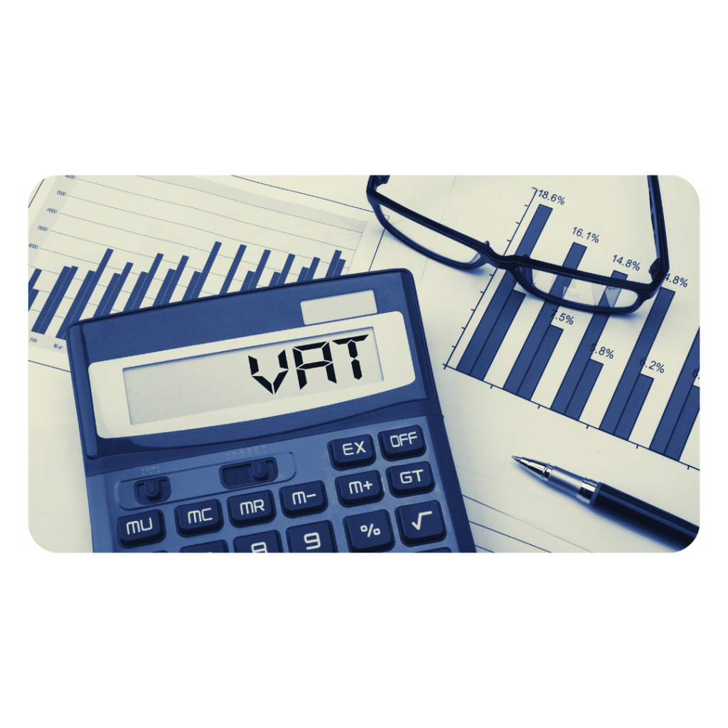 Calculator displaying VAT resting on a bar graph with pen, representing VAT calculations for small businesses